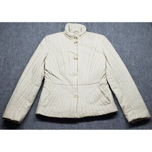 Vera Pelle Quilted Jacket Womens 42 Ivory Buttons Pockets Made in Italy